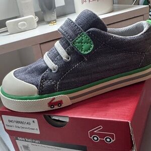 See Kai Run Gray Denim Sneakers with Green Trim